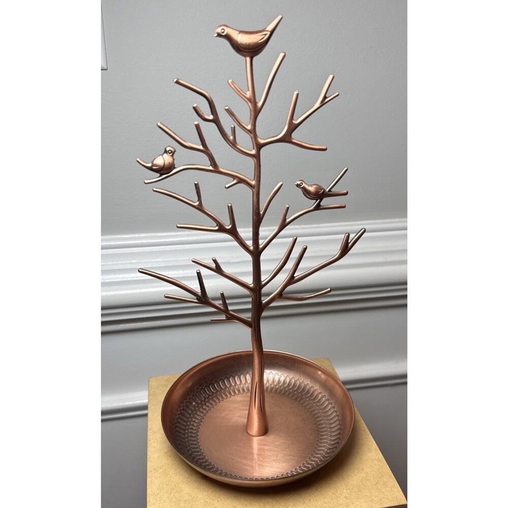 Copper Tone Bird Tree Jewelry Holder Organizer Trinket Dish Necklace Stand - Picture 2 of 8